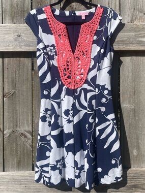 Lilly Pulitzer Navy & White Floral Mini Dress with Coral Crochet V-Neck